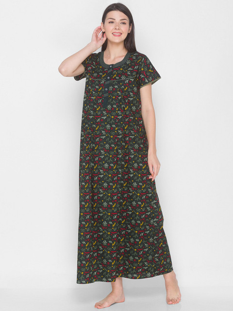 

AV2 Olive Green & Red Printed Pure Cotton Maternity Nursing Maxi Nightdress