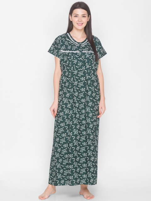 

AV2 Women Green & White Floral Printed Pure Cotton Nightdress