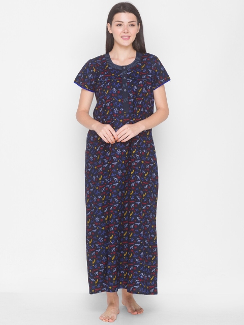 

AV2 Navy Blue Printed Pure Cotton Maxi Nightdress