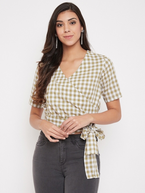

CAMLA Olive Green Checked Wrap Top