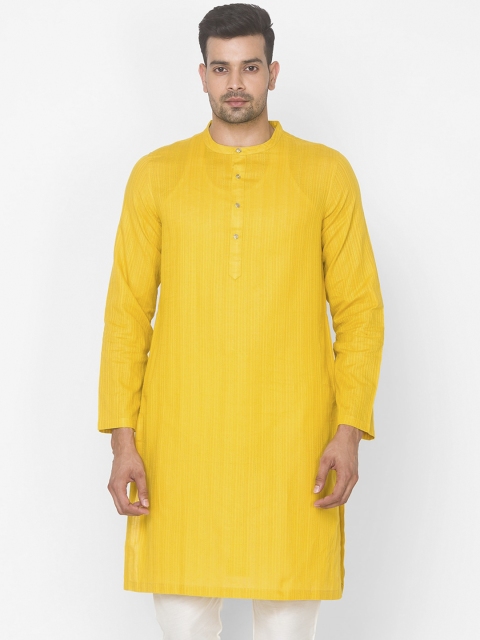 

Ethnicity Men Mustard Yellow Cotton Thread Work Dobby Kurta