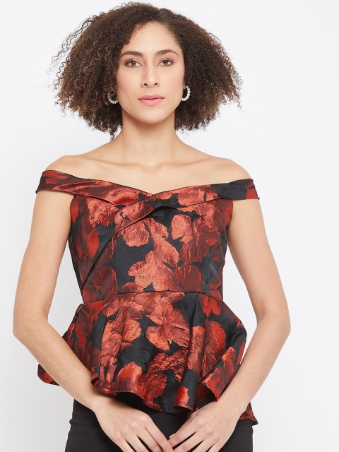 

CAMLA Red Floral Off-Shoulder Ruffles Peplum Top