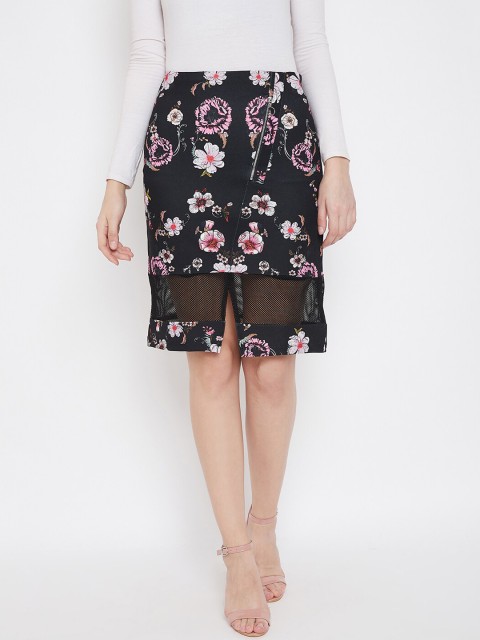 

CAMLA Women Navy Blue & Pink Floral Printed Knee-Length Pencil Skirt