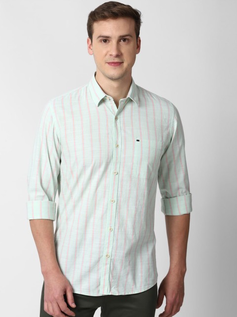 

Peter England Casuals Men Green & Pink Slim Fit Striped Pure Cotton Casual Shirt