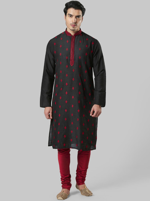 

Ethnix by Raymond Men Black & Red Geometric Embroidered Thread Work Kurta
