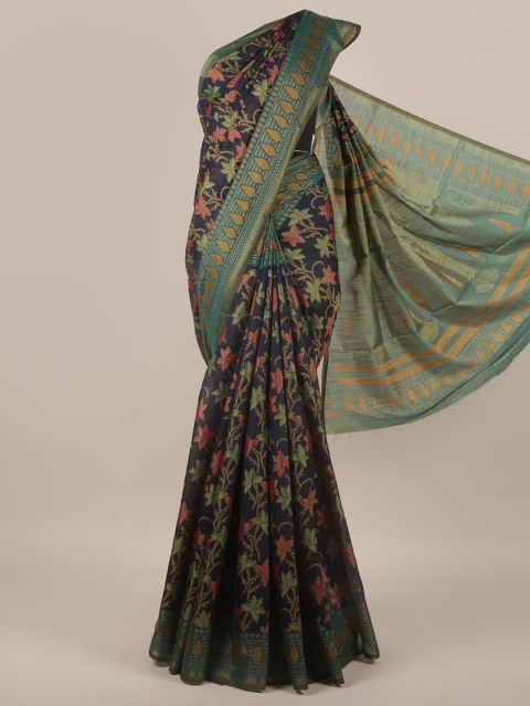 

Pothys Navy Blue & Green Floral Jute Silk Saree