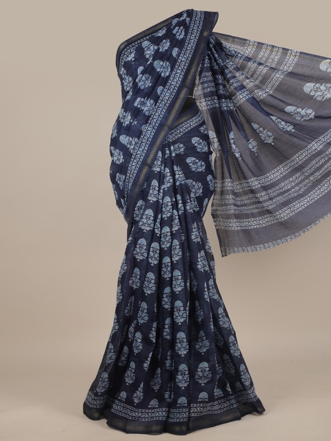 

Pothys Navy Blue & Gold-Toned Floral Zari Saree