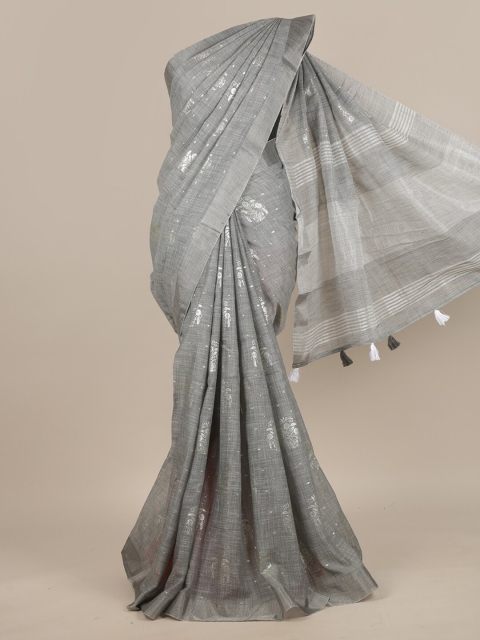 

Pothys Grey & Silver-Toned Floral Zari Linen Blend Saree