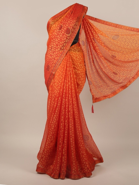 

Pothys Orange & Gold-Toned Printed Beads and Stones Saree
