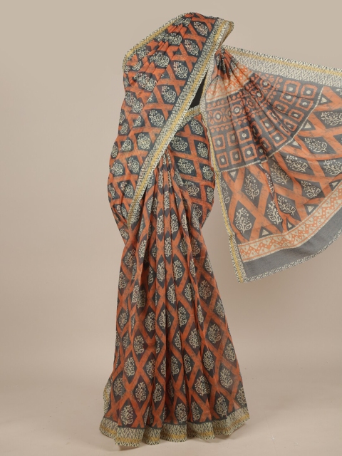 

Pothys Navy Blue & Peach Ethnic Motifs Printed Saree