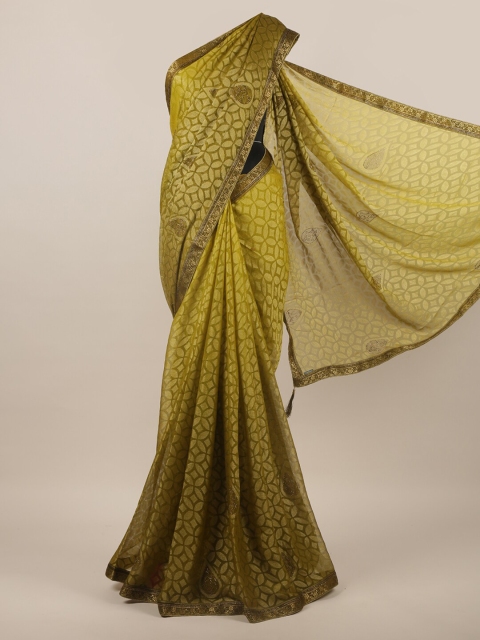 

Pothys Green & Gold-Toned Ethnic Motifs Printed Zari Saree