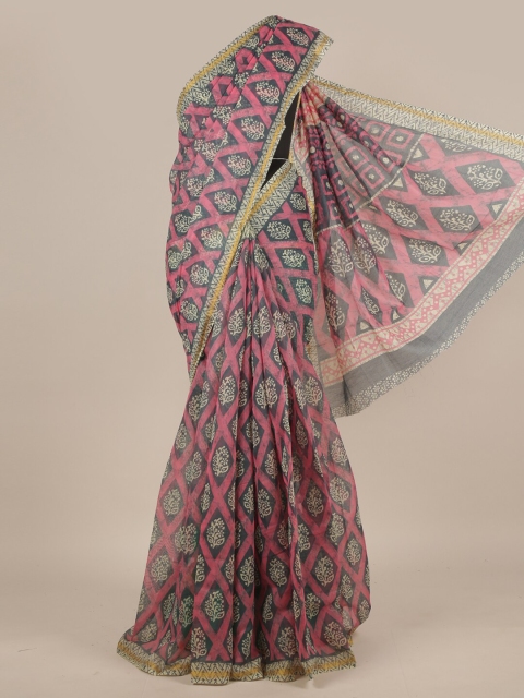 

Pothys Pink & Grey Ethnic Motifs Zari Cotton Blend Saree