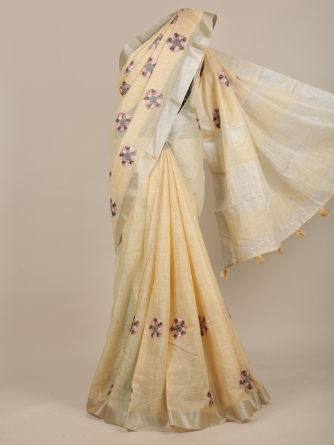 

Pothys Beige & Pink Floral Zari Linen Blend Saree