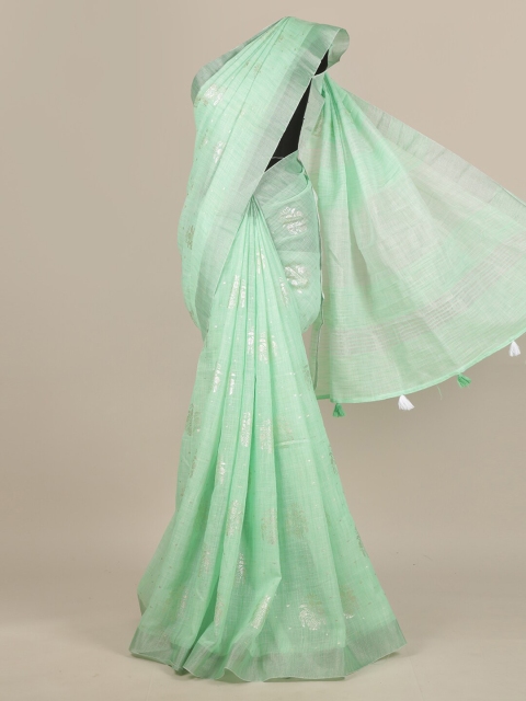 

Pothys Sea Green & Silver-Toned Floral Printed Zari Linen Blend Saree