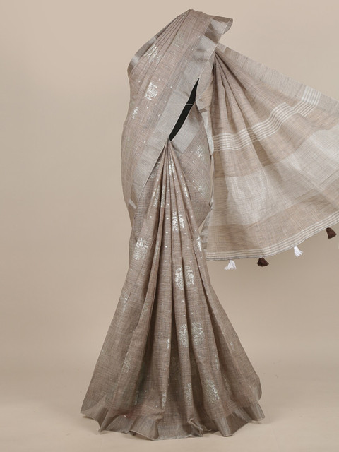 

Pothys Tan & Silver-Toned Floral Zari Linen Blend Saree