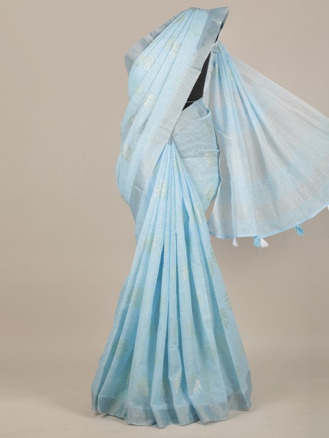 

Pothys Blue & Silver-Coloured Ethnic Motifs Foil Printed Linen Blend Saree