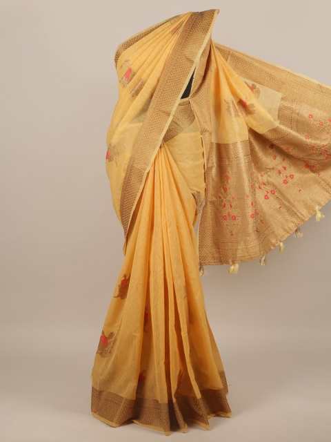 

Pothys Yellow & Red Floral Zari Linen Blend Saree
