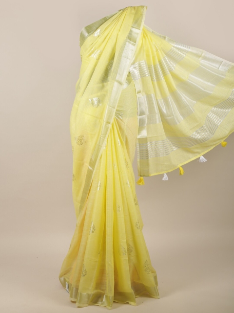 

Pothys Yellow & Silver-Toned Ethnic Motifs Linen Blend Saree