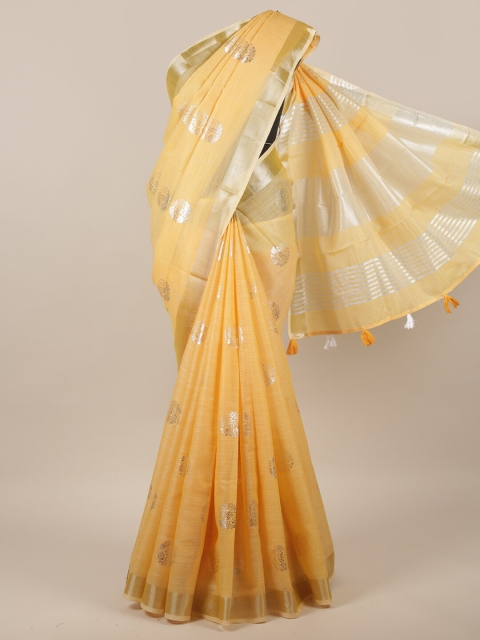 

Pothys Mustard & Silver-Toned Floral Printed Zari Saree
