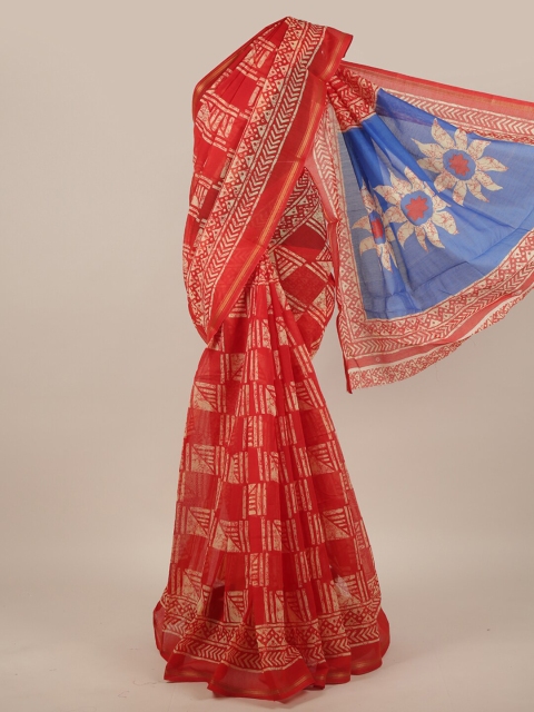 

Pothys Red & Off White Cotton Blend Printed Saree