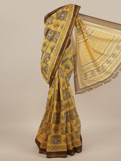 

Pothys Yellow & Brown Printed Zari Saree