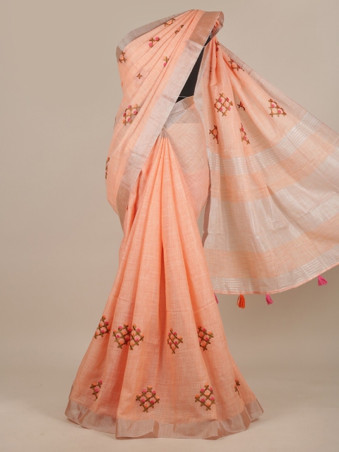 

Pothys Peach-Coloured & Green Ethnic Motifs Linen Blend Saree