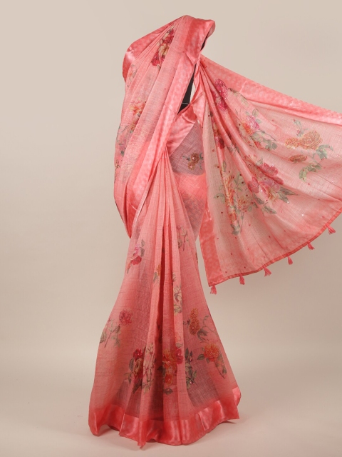 

Pothys Pink & Green Floral Jute Silk Saree