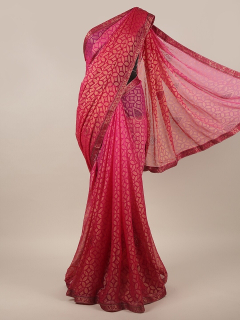 

Pothys Pink & Gold-Toned Floral Beads and Stones Saree