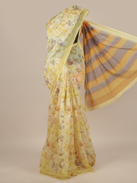 

Pothys Cream-Coloured & Purple Printed Saree