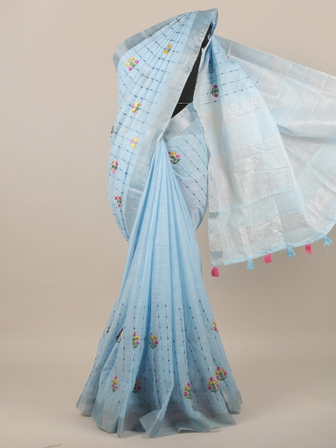 

Pothys Blue & Silver-Toned Floral Zari Linen Blend Saree
