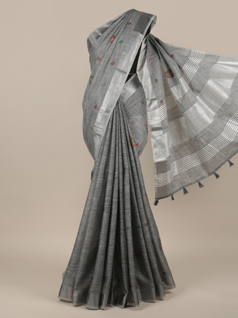 

Pothys Grey & Pink Floral Embroidered Linen Blend Saree