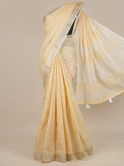 

Pothys Cream-Coloured & Silver-Toned Floral Linen Blend Saree