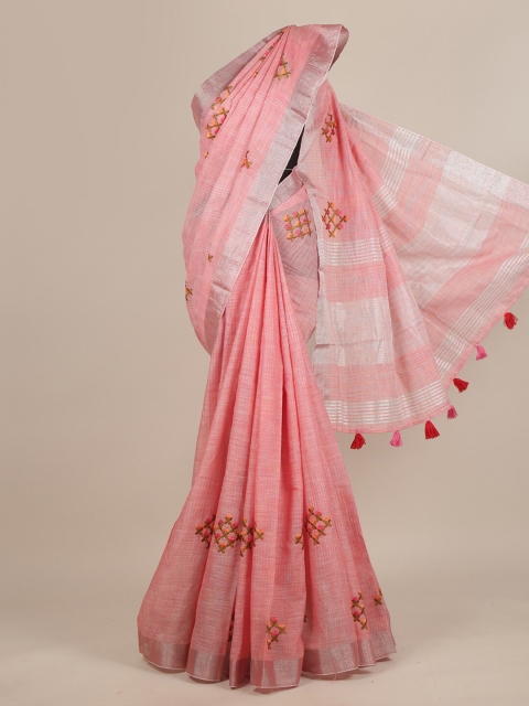 

Pothys Pink & Silver-Toned Floral Embroidered Zari Saree