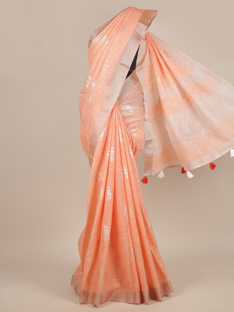 

Pothys Peach-Coloured & Silver-Toned Floral Linen Blend Saree