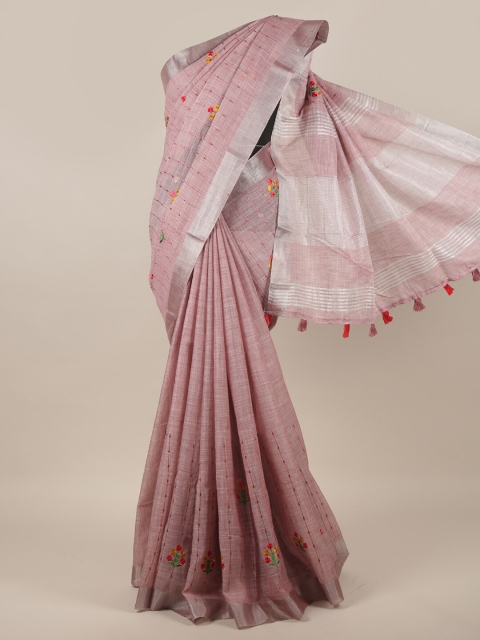 

Pothys Pink & Silver-Coloured Ethnic Motifs Embroidered Linen Blend Saree