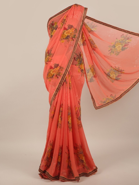 

Pothys Peach-Coloured & Yellow Floral Poly Chiffon Saree