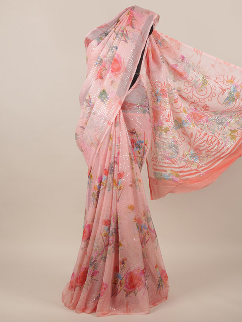 

Pothys Pink & Blue Floral Poly Chiffon Saree