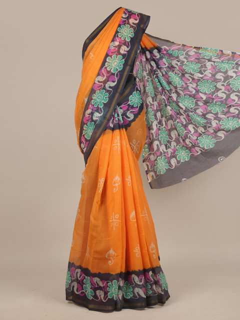 

Pothys Orange & Navy Blue Floral Printed Saree