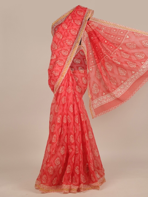 

Pothys Peach-Coloured & White Ethnic Motifs Printed Saree