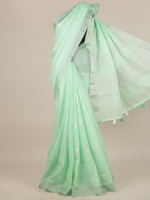 

Pothys Green & Silver-Toned Floral Linen Blend Saree