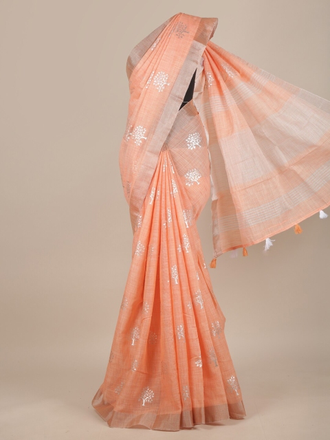 

Pothys Peach-Coloured & White Ethnic Motifs Linen Blend Saree