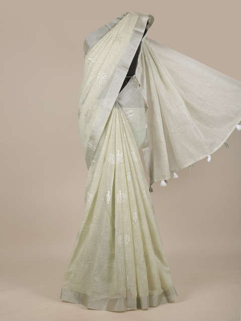 

Pothys Green & Silver-Toned Floral Printed Zari Saree