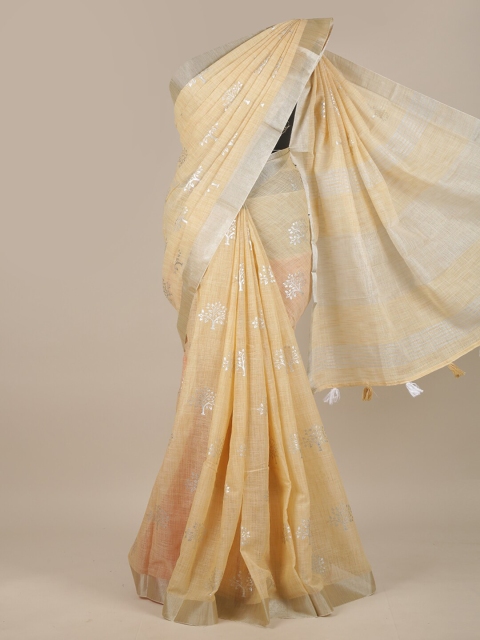 

Pothys Cream-Coloured & Silver-Coloured Ethnic Motifs Foil Printed Linen Blend Saree