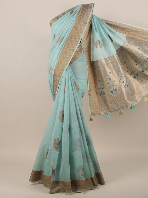 

Pothys Blue & Gold-Toned Woven Design Zari Linen Blend Saree