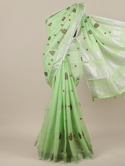 

Pothys Green & Red Floral Embroidered Linen Blend Saree