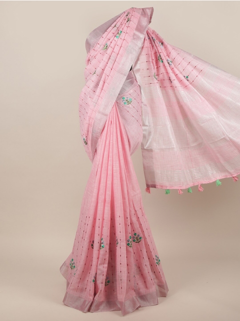 

Pothys Pink & Silver-Toned Floral Zari Linen Blend Saree