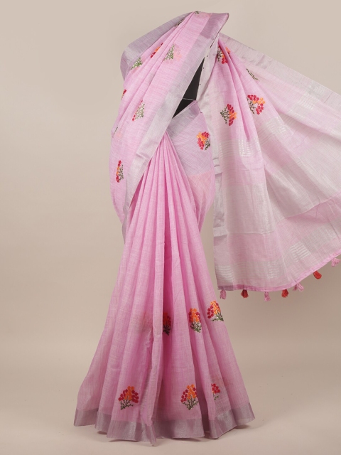 

Pothys Pink & Orange Ethnic Motifs Embroidered Linen Blend Saree