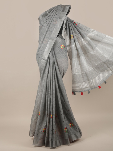 

Pothys Grey & Yellow Floral Zari Linen Blend Saree