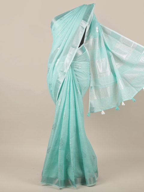 

Pothys Blue & Silver-Toned Ethnic Motifs Printed Linen Blend Saree
