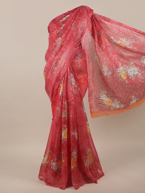 

Pothys Pink & Grey Floral Printed Poly Chiffon Saree